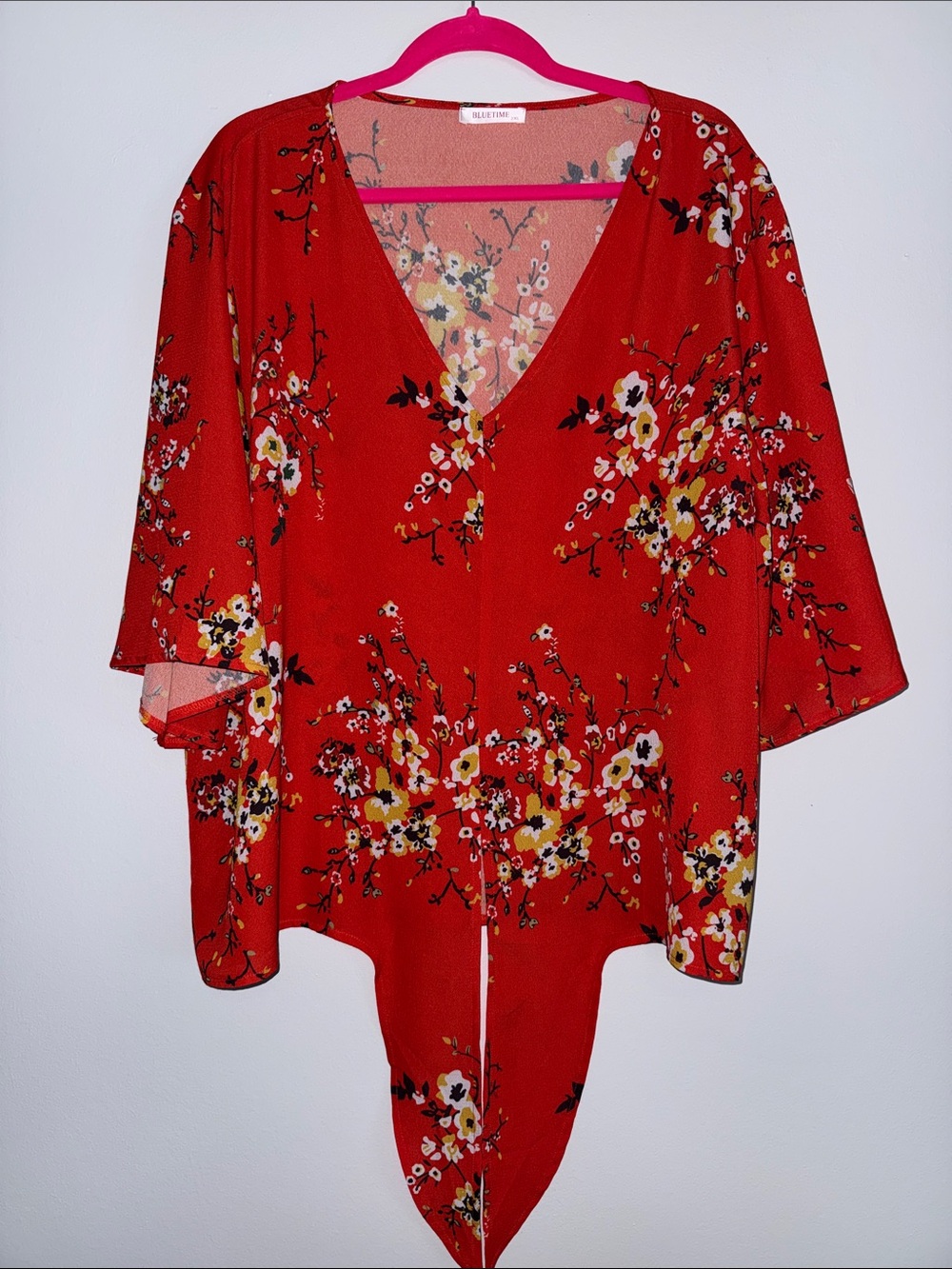 Floral V-Neck Red Tunic Top by Bluetime